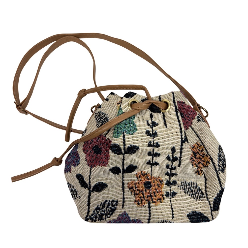 Floral Tapestry Bucket Bag Drawstring Crossbody Tan Faux Leather Trim Boho